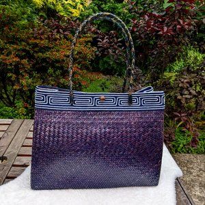 Vintage Navy Blue Woven Rattan Palm Frond Tote